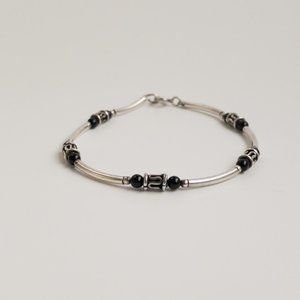Sterling Silver Bracelet Black Glass Beaded Open Hallow Tube .925 Handcrafted